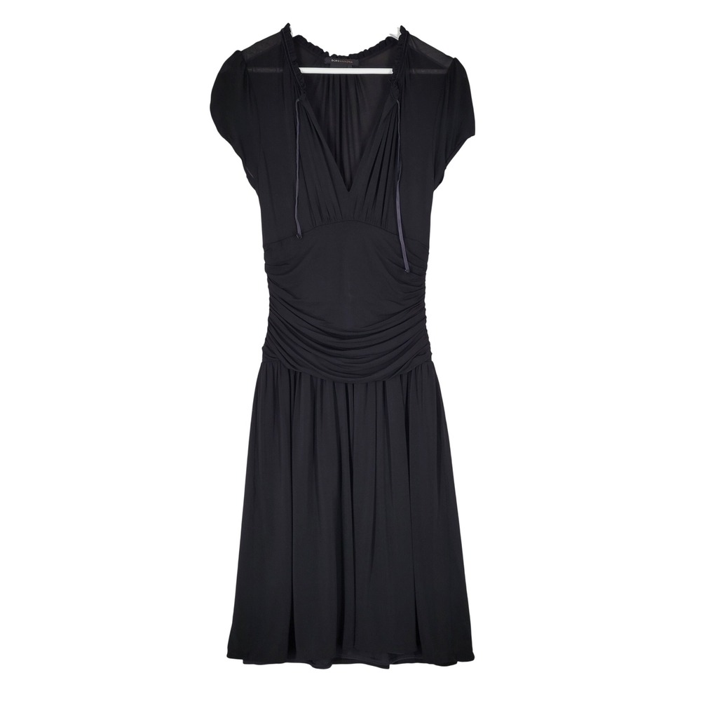 BCBGMAXAZRIA Mesh Midi Dress Sz M Black Ruched V-Neck‎ Sheer Mesh Whimsigoth LBD